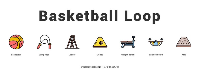 Bucle de baloncesto Ilustración de Anuncio de Web moderno y limpio con íconos temáticos para la comunicación visual
