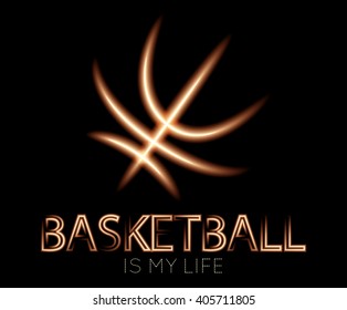 Basketball luminous logotype. Neon letters and symbol on black background