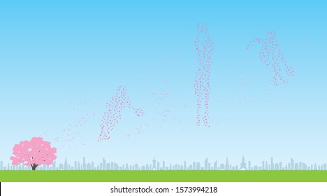Basketball made of cherry petals and view of the city(Created with vector data)