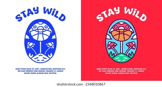 Basketball and magic mushroom with stay wild typography, illustration for logo, t-shirt, sticker, or apparel merchandise. With doodle, retro, groovy, and cartoon style.