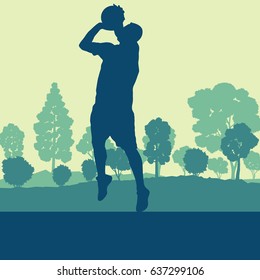 Basketball man player relaxing in park vector background landscape with trees