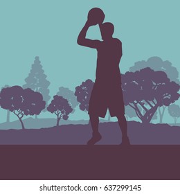 Basketball man player relaxing in park vector background landscape with trees