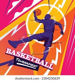 Basketball Man Slam Dunk Pose with Urban Style and Glitch Style in Bold Colorful Colors  