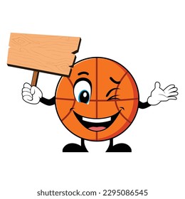 Basketball Mascot Cartoon Holding Up A Blank Wood Sign. Mascot Character vector.
