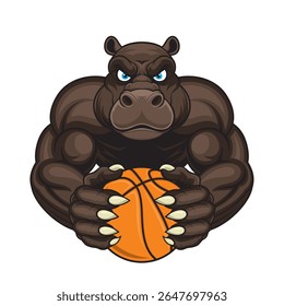 mascote de basquete hipopótamo vetor ilustração design retro