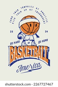 Basketball mascot holding ball. Basketball vintage typography silkscreen t-shirt print vector illustration.