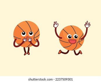 Basketball mascot sport ball character vector illustration set isolated on plain light yellow background. Comic style cartoon simple flat art styled artwork.