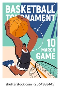 Basketball match event poster. Advertising of sports game, basket ball competition, tournament, championship. Promotion design with sportsman plays, does slam dunk into hoop. Flat vector illustration