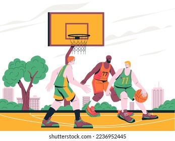 Basketball match illustration. Cartoon players playing ball on outdoor court with basket, sport activities concept with cityscape scenery. Vector background. Men in team uniform exercising