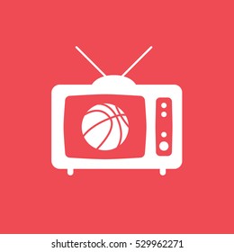 Basketball Match On Old TV Flat Icon On Red Background
