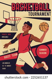 Basketball match poster. Professional athlete preparing to score goal in basket, event advertising banner, tournament or championship sport match, tidy vector cartoon flat style concept