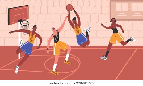 Basketball match. Professional athletes in uniform play on indoor court. Sportsman characters in different poses. Streetball defense and attack. Basketballers playground