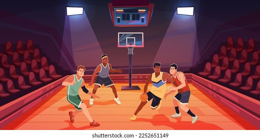 Basketball match. Professional sports game, different teams players with orange ball, closed hall with spectator seats, people on tournament or championship tidy vector cartoon flat concept