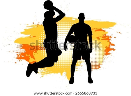 basketball men silhouette black shape with orange yellow brush painting banner sign symbol graphic