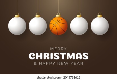 basketball Merry Christmas and Happy New Year Sport greeting card. basketball ball as a Christmas ball on color background. Vector illustration.