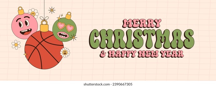 basketball Merry Christmas and Happy New Year groovy Sports greeting card. Hanging ball as a groovy Christmas ball on vibrant background. Vector illustration..