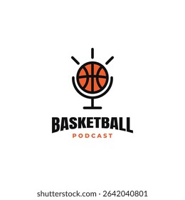 BasketBall with Microphone Logo Template. Suitable for Basketball Sport Streaming Podcast Broadcast