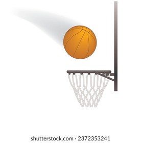 basketball in motion into basketball hoop in side profile isolated on white