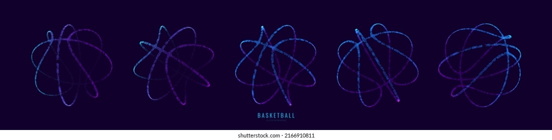 Basketball Neon 3D Balls Set. Wireframe Particles Illustration. Abstract 3D Sphere Sport Design. Futuristic Style. Vector Background.