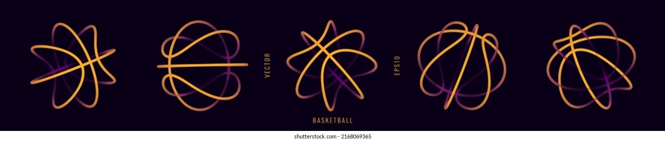 Basketball Neon 3D Balls Symbols Set. Basketball Neon Sport Logo Signs. Wireframe Particles Illustration. Abstract 3D Sphere Sport Design. Futuristic Style. Vector Background.