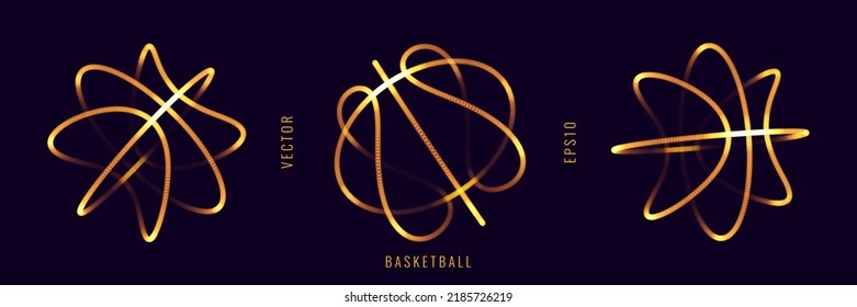 Basketball Neon 3D Balls Symbols Set. Basketball Neon Signs. Wireframe Particles Illustration. Abstract 3D Sphere Sport Design. Futuristic Style Sports Vector Background.