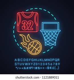 Basketball neon light concept icon. Team sport idea. Basketball ball, hoop, shirt. Glowing sign with alphabet, numbers and symbols. Vector isolated illustration