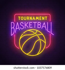 Basketball neon sign, bright signboard, light banner. Basketball logo, emblem. Vector illustration