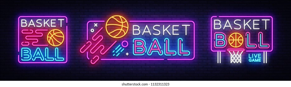 Basketball neon sign collection vector. Basketball Design template neon sign, light banner, neon signboard, nightly bright advertising, light inscription. Vector illustration