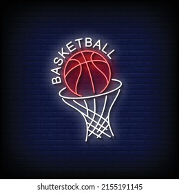 Basketball Neon Sign On Brick Wall Background Vector