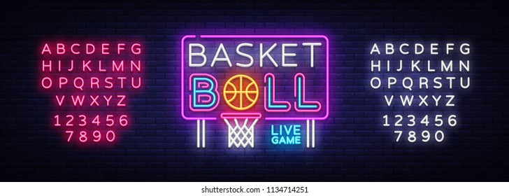 Basketball neon sign vector. Basketball Design template neon sign, light banner, neon signboard, nightly bright advertising, light inscription. Vector illustration. Editing text neon sign