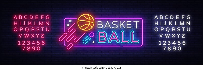 Basketball neon sign vector. Basketball Design template neon sign, light banner, neon signboard, nightly bright advertising, light inscription. Vector illustration. Editing text neon sign