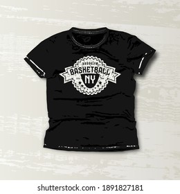 Basketball New York team emblem. Graphic design for t-shirt. White print on black wear 