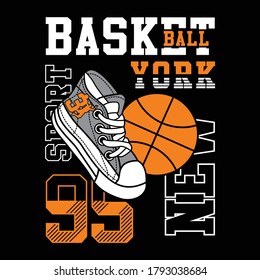 basketball, new york typography with illustration of basketball shoes and balls