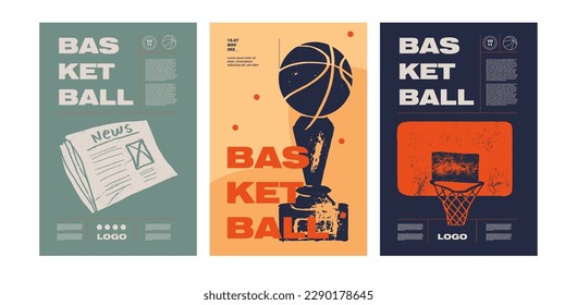 Basketballnachrichten, Tasse. Sportnachrichten. Kollektion von Basketballdesigns im Grunge-Stil, Skizze, Gravur. Handzeichnung. Sport-Druck, Cover, Vorlage, Sport-Cover, Basketball-Hoop.