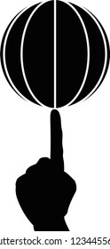 Basketball on finger vector icon, black and white, transparent