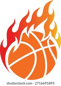 Baloncesto en llamas con gráficos de llamas. Perfecto para Equipos deportivos, marcas atléticas y torneos de baloncesto. Diseño dinámico de Vector caliente amarillo anaranjado rojo