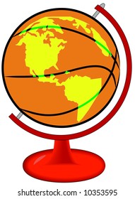 basketball on globe stand with illustration of earth on it - vector