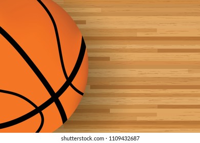 A basketball on a wood gym floor viewed from above