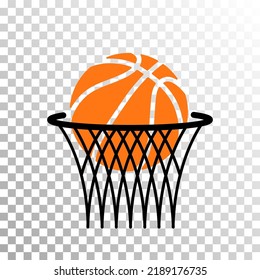 Baloncesto anaranjado en la ilustración del logo del vector neto. Rima de aro de canasta, red. Equipamiento deportivo. Balón naranja en la canasta. Momento de gol de baloncesto. Logo del juego callejero deportivo. Equipo de hobby profesional