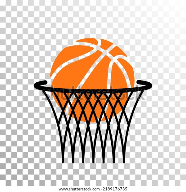 Basketball orange ball in net vector logo\
illustration. Basket hoop rim, net. Sport equipment. Orange ball in\
basket. Basketball goal score moment. Sport street game logo.\
Professional hobby\
equipment