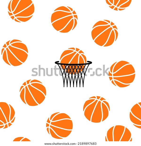 Basketball orange ball in net vector seamless\
pattern illustration. Basket hoop rim, net. Sport equipment. Orange\
ball in basket. Basketball goal score moment. Sport street game.\
Hobby equipment