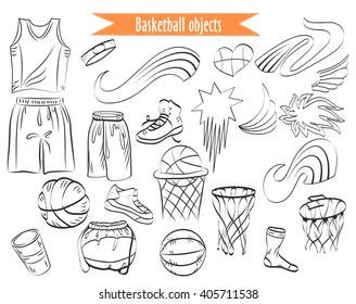 Basketball outline icons set. Basketball uniform, balls, basket, decoration elements. Sport equipment. Black and white style. Vector isolated outline drawings