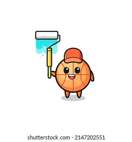 the basketball painter mascot with a paint roller , cute design