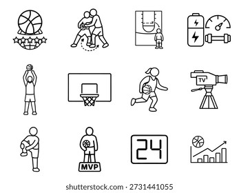 Conjunto de iconos de rendimiento de baloncesto: entrenamiento, juego de partidos, transmisión, Estadísticas y símbolos de línea de habilidades del jugador.
