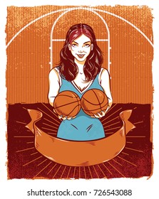 Basketball Pin-Up Girl Holding Basketballs Suggestively in the Style of a Screen-Printed Poster