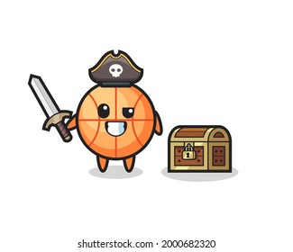 the basketball pirate character holding sword beside a treasure box , cute style design for t shirt, sticker, logo element