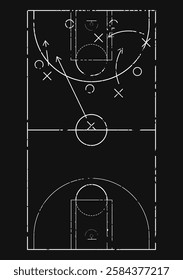 Desenho de campo de jogo de basquete por giz, plano de jogo, tática e estratégia, esboço de treinamento e treinamento, plano gráfico conceito, marcações de esquema, ilustração vetorial