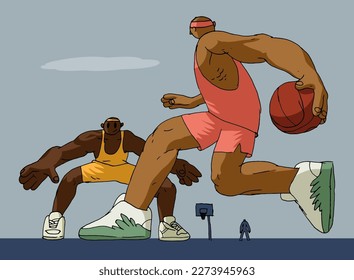 Basketball play on the street court. Athlete characters playing basketball team sports vector illustration.