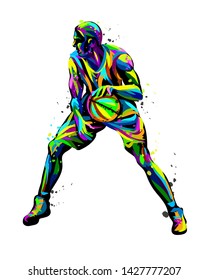 
Basketball player. Abstract, multicolored hand-drawn graphics of a basketball player with watercolor splashes.