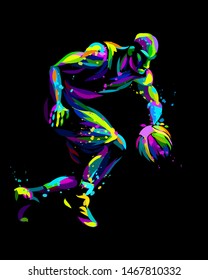 Basketball player. Abstract, multicolored hand-drawn graphic of a basketball player with watercolor splashes on a black background.